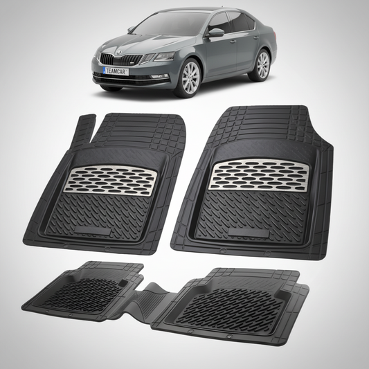 set de covorase din cauciuc negre cu accente gri cu o skoda octavia iii sedan gri in fundal
