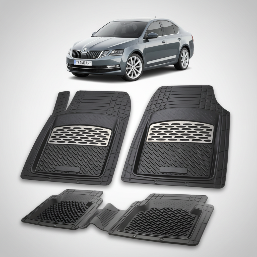 set de covorase din cauciuc negre cu accente gri cu o skoda octavia iii sedan gri in fundal