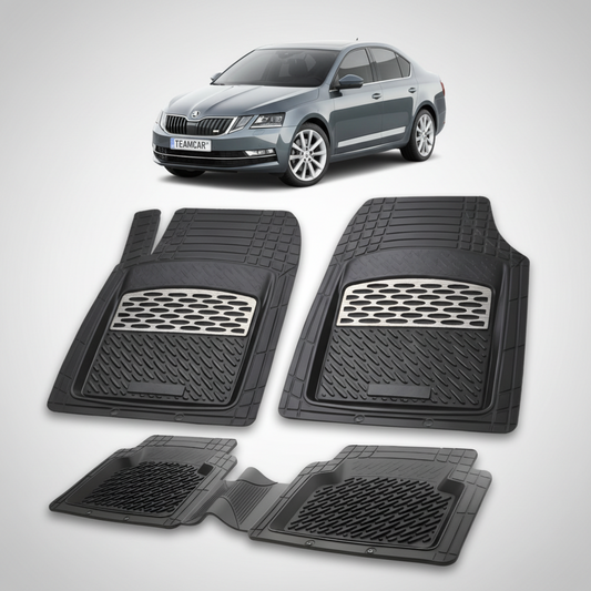 set de covorase din cauciuc negre cu accente gri cu o skoda octavia iii sedan gri in fundal