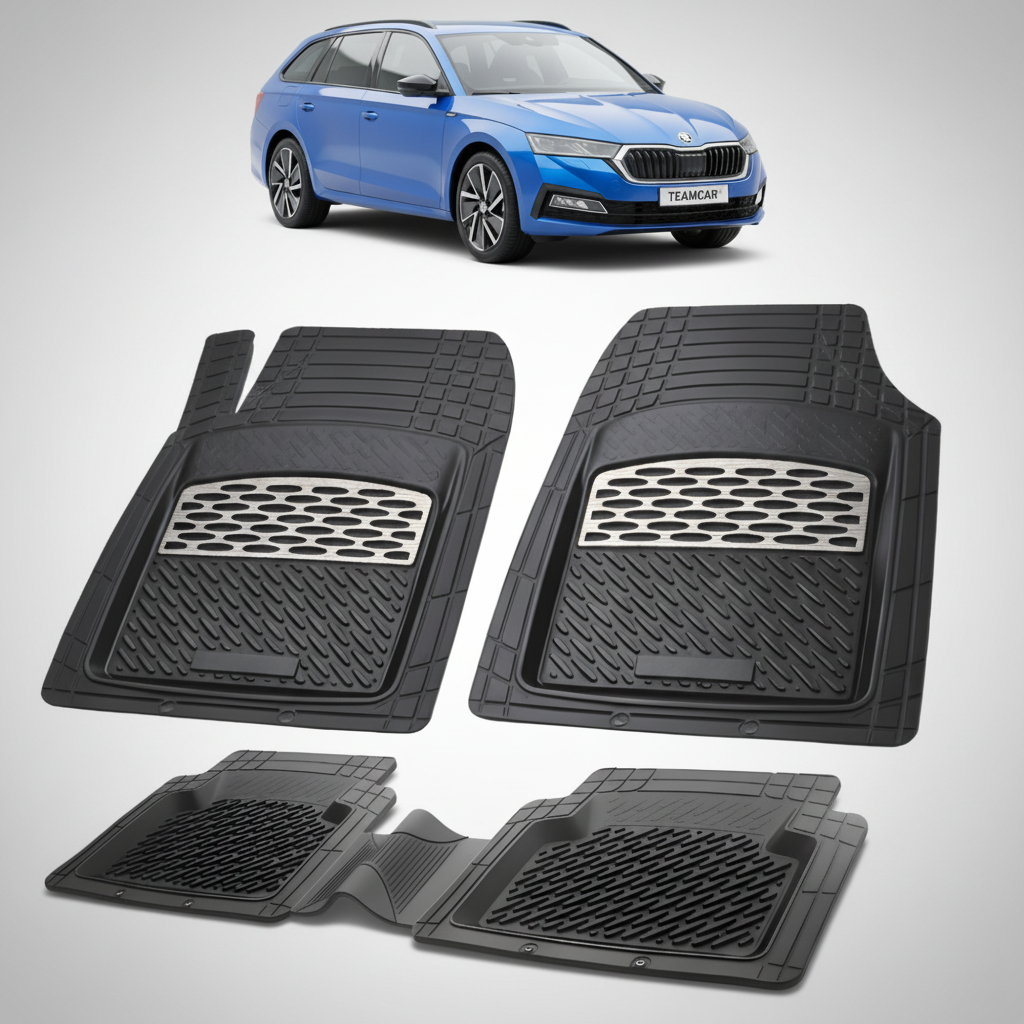 set de covorase din cauciuc negre cu accente gri cu o skoda octavia iv combi facelift albastra in fundal