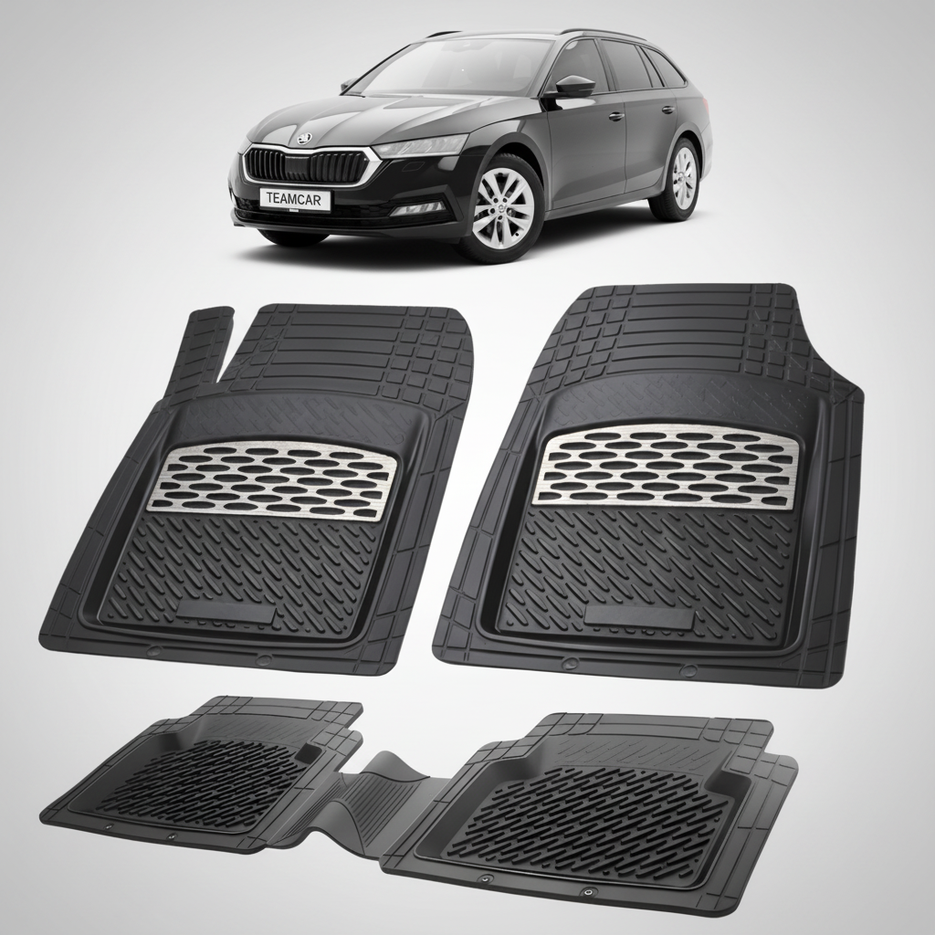 set de covorase din cauciuc negre cu accente gri cu o skoda octavia iv combi neagra in fundal