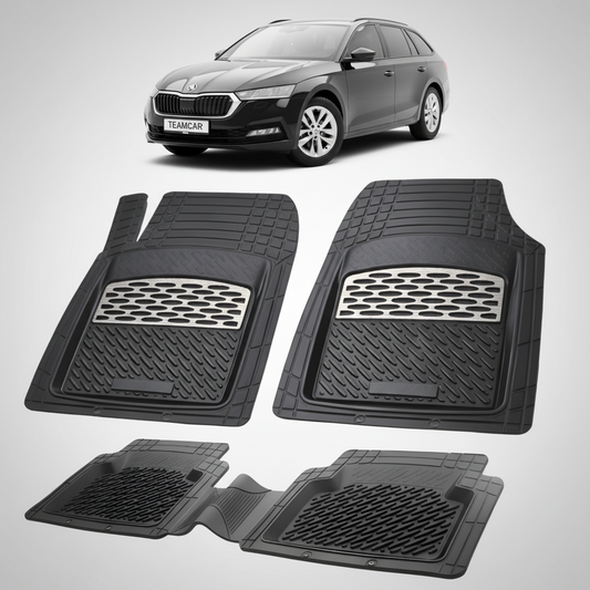 set de covorase din cauciuc negre cu accente gri cu o skoda octavia iv combi neagra in fundal