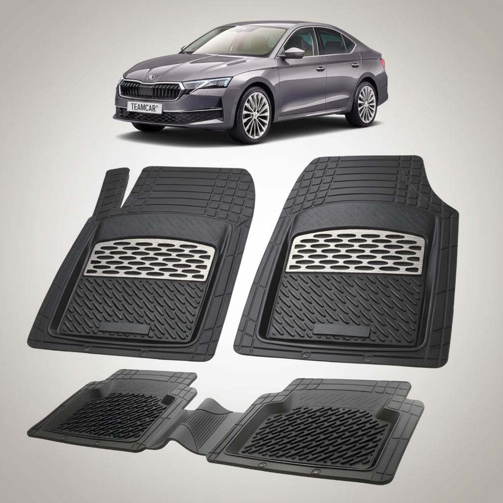 set de covorase din cauciuc negre cu accente gri cu o skoda octavia iv liftback facelift gri in fundal