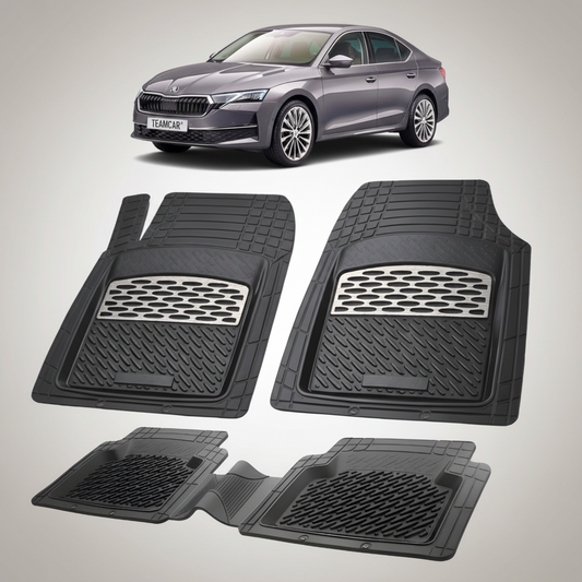 set de covorase din cauciuc negre cu accente gri cu o skoda octavia iv liftback facelift gri in fundal