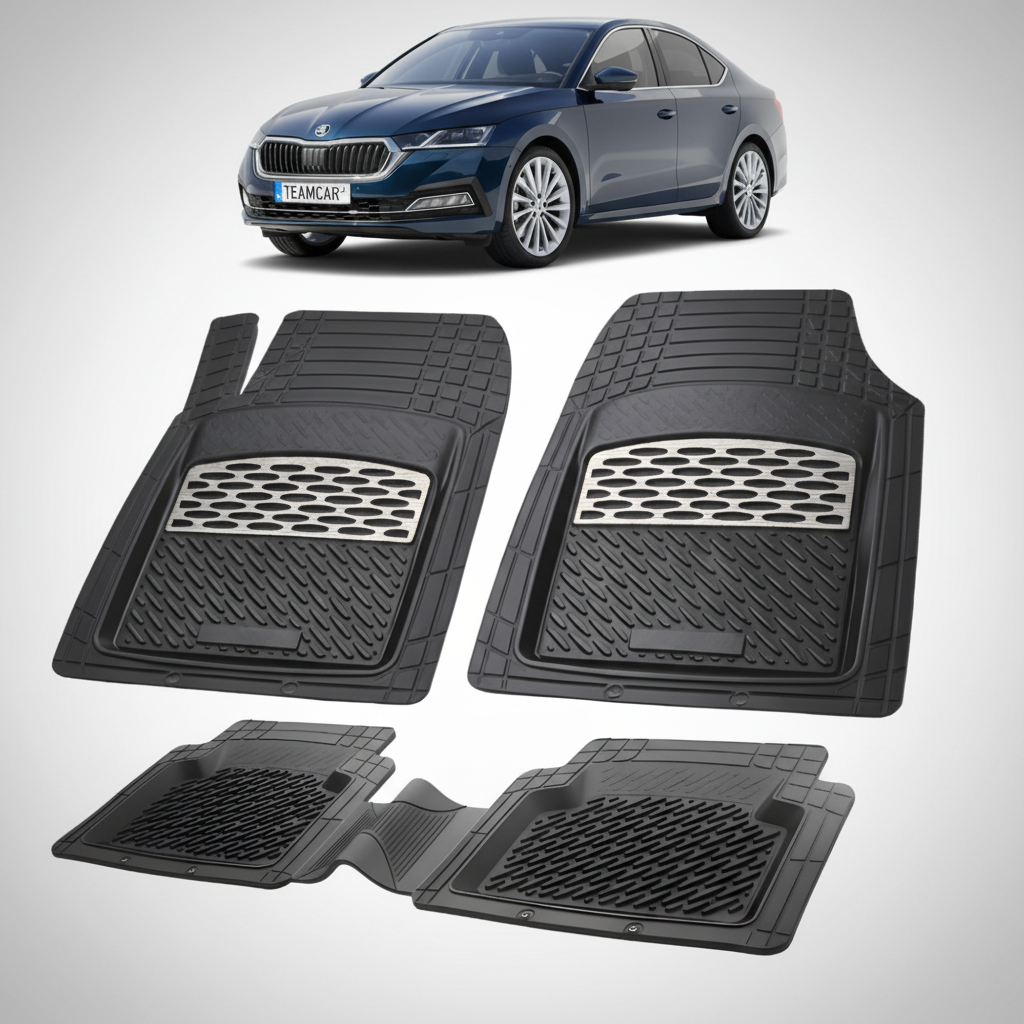 set de covorase din cauciuc negre cu accente gri cu o skoda octavia iv liftback pre-facelift albastra in fundal