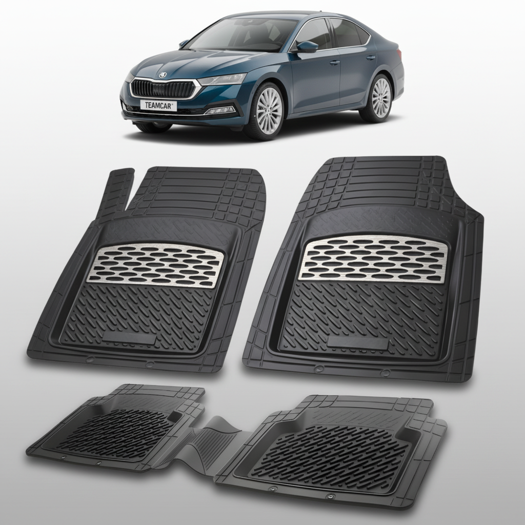 set de covorase din cauciuc negre cu accente gri cu o skoda octavia iv sedan albastru inchis in fundal