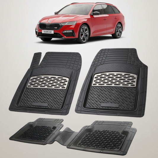 set de covorase din cauciuc negre cu accente gri cu o skoda octavia iv variant rosie in fundal