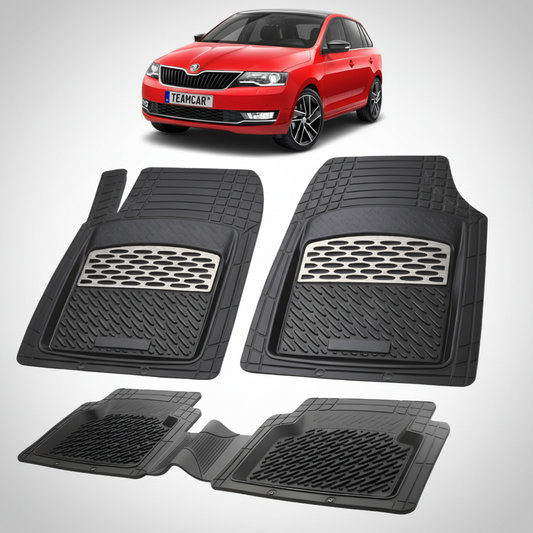 set de covorase din cauciuc negre cu accente gri cu o skoda rapid liftback facelift rosie in fundal