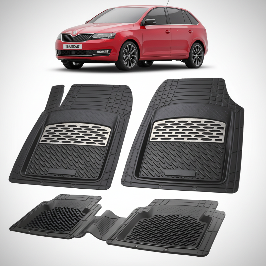 set de covorase din cauciuc negre cu accente gri cu o skoda rapid spaceback facelift rosie in fundal