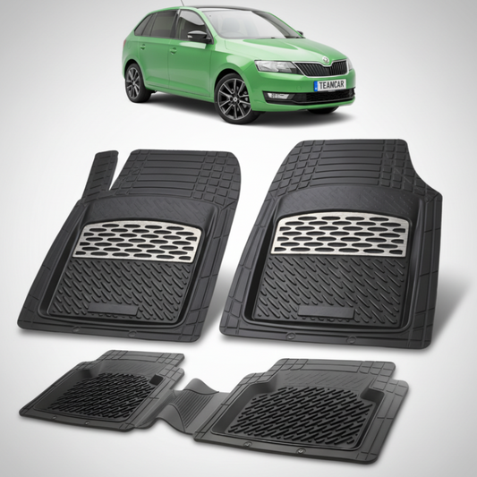 set de covorase din cauciuc negre cu accente gri cu o skoda rapid i spaceback verde in fundal