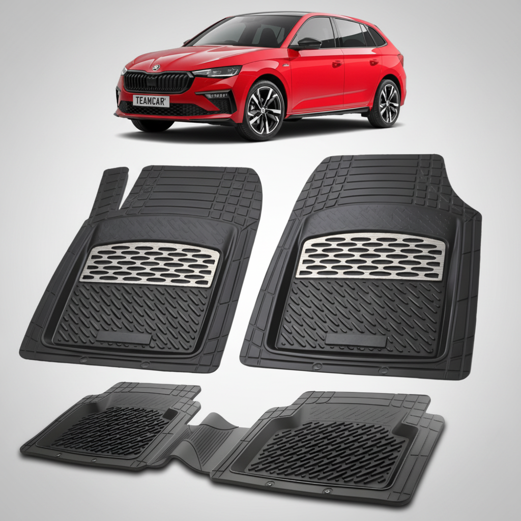 set de covorase din cauciuc negre cu accente gri cu o skoda scala hatchback facelift rosie in fundal