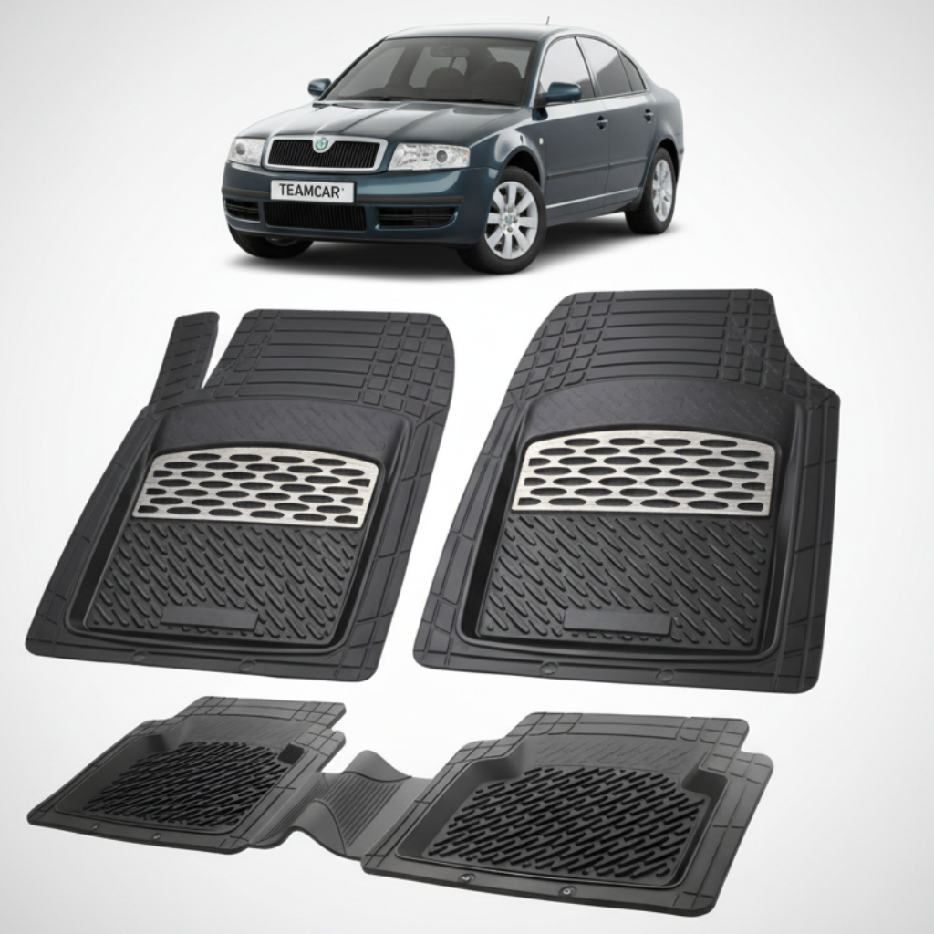 set de covorase din cauciuc negre cu accente gri cu o skoda superb 1 verde inchis metalizat in fundal