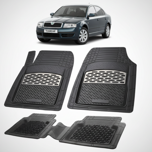 set de covorase din cauciuc negre cu accente gri cu o skoda superb 1 verde inchis metalizat in fundal