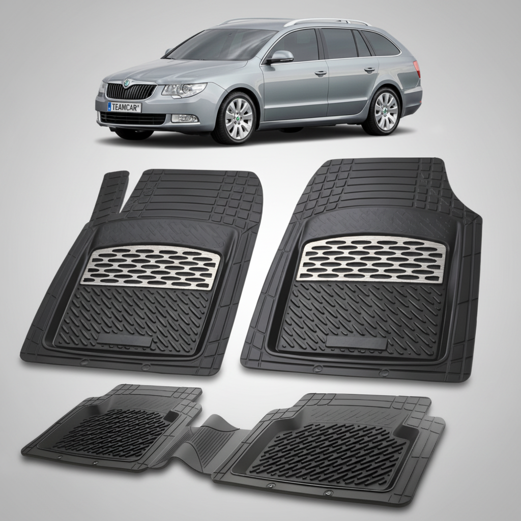 set de covorase din cauciuc negre cu accente gri cu o skoda superb ii combi gri in fundal