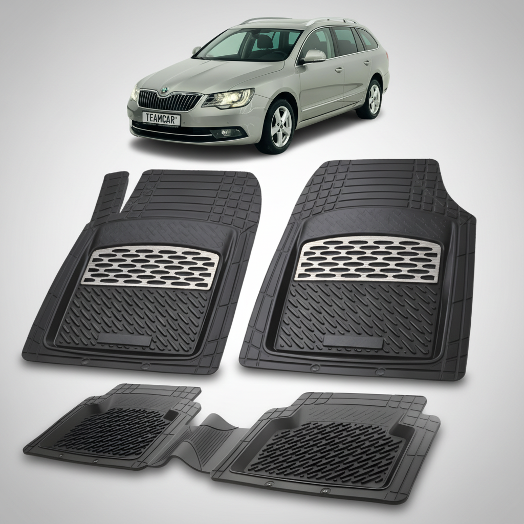 set de covorase din cauciuc negre cu accente gri cu o skoda superb ii combi argintie in fundal