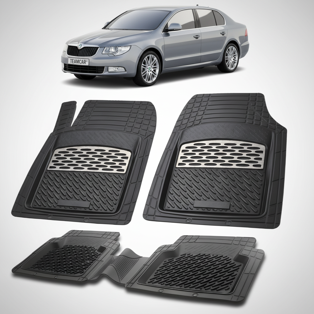 set de covorase din cauciuc negre cu accente gri cu o skoda superb ii gri in fundal