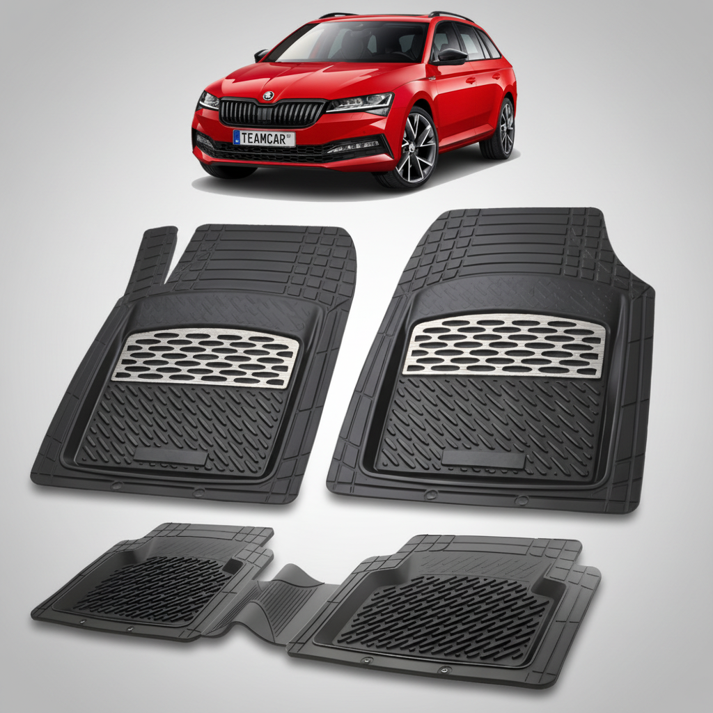 set de covorase din cauciuc negre cu accente gri cu o skoda superb iii combi facelift rosie in fundal