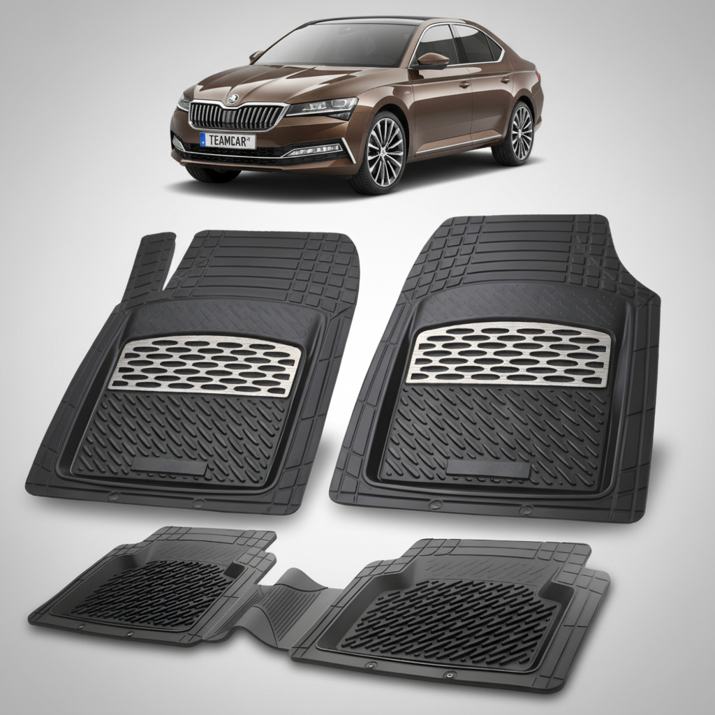 set de covorase din cauciuc negre cu accente gri cu o skoda superb iii liftback facelift maro in fundal