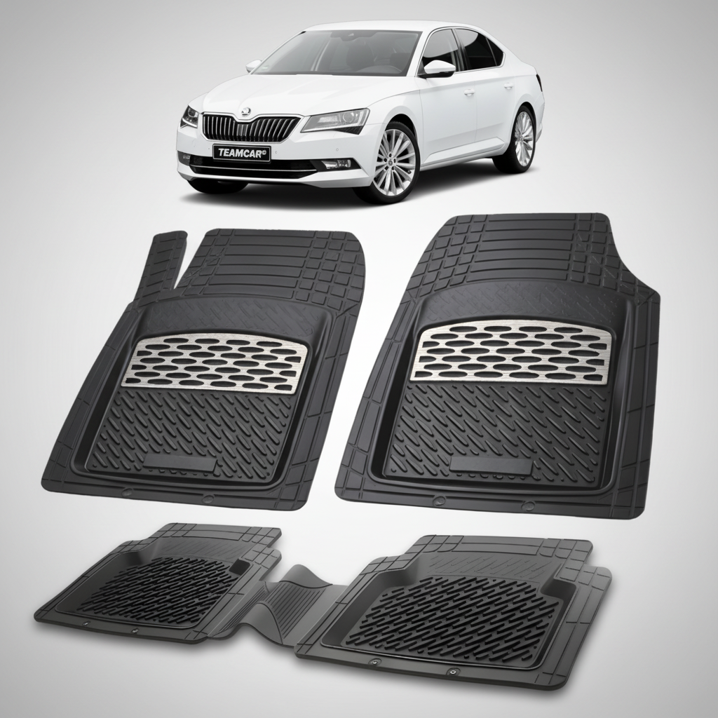 set de covorase din cauciuc negre cu accente gri cu o skoda superb iii alba in fundal