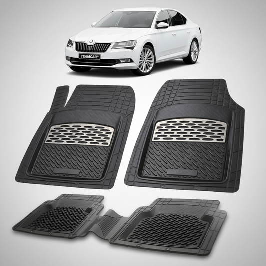 set de covorase din cauciuc negre cu accente gri cu o skoda superb iii alba in fundal