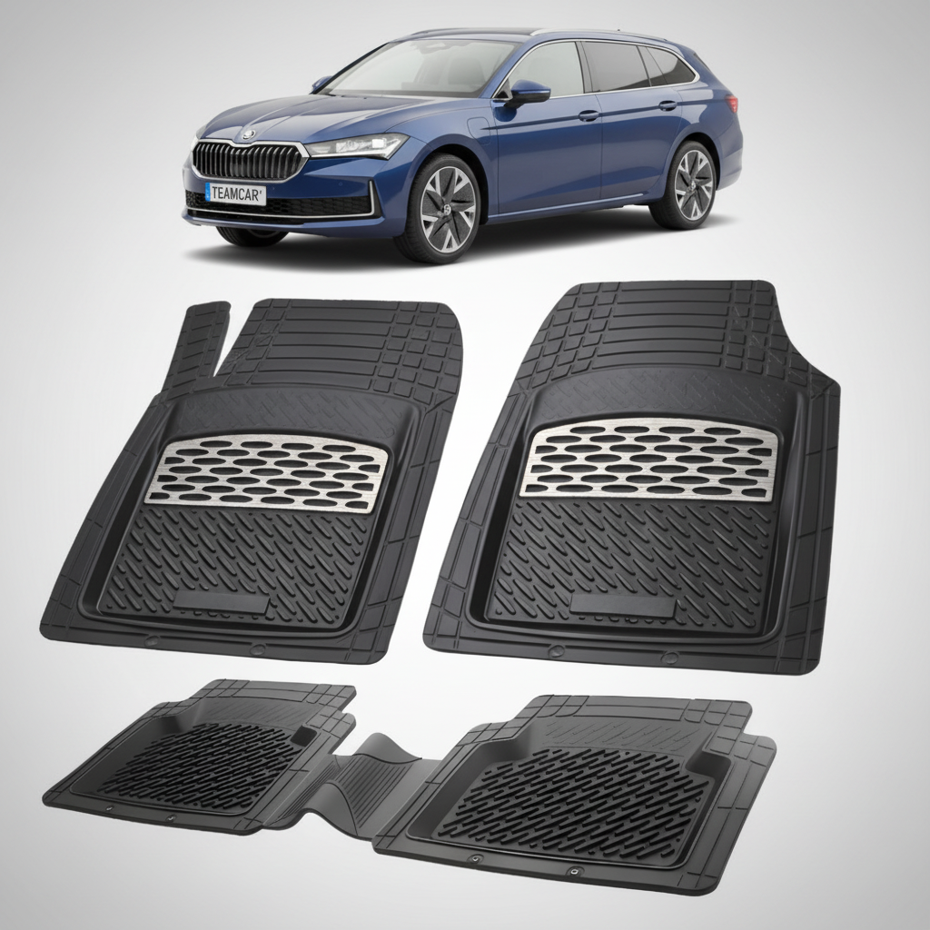 set de covorase din cauciuc negre cu accente gri cu o skoda superb iv combi albastra in fundal