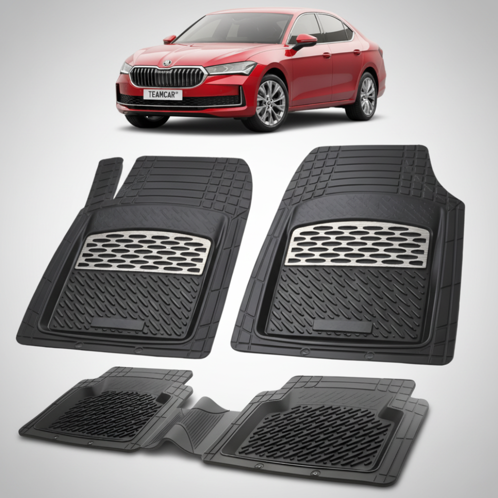 set de covorase din cauciuc negre cu accente gri cu o skoda superb iv liftback rosie in fundal