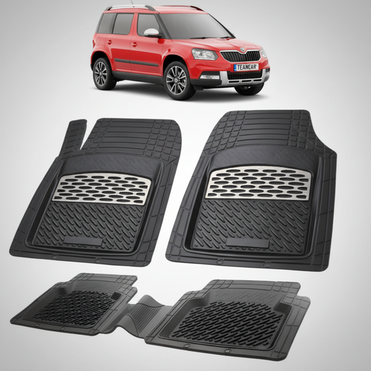 set de covorase din cauciuc negre cu accente gri cu o skoda yeti i rosie in fundal