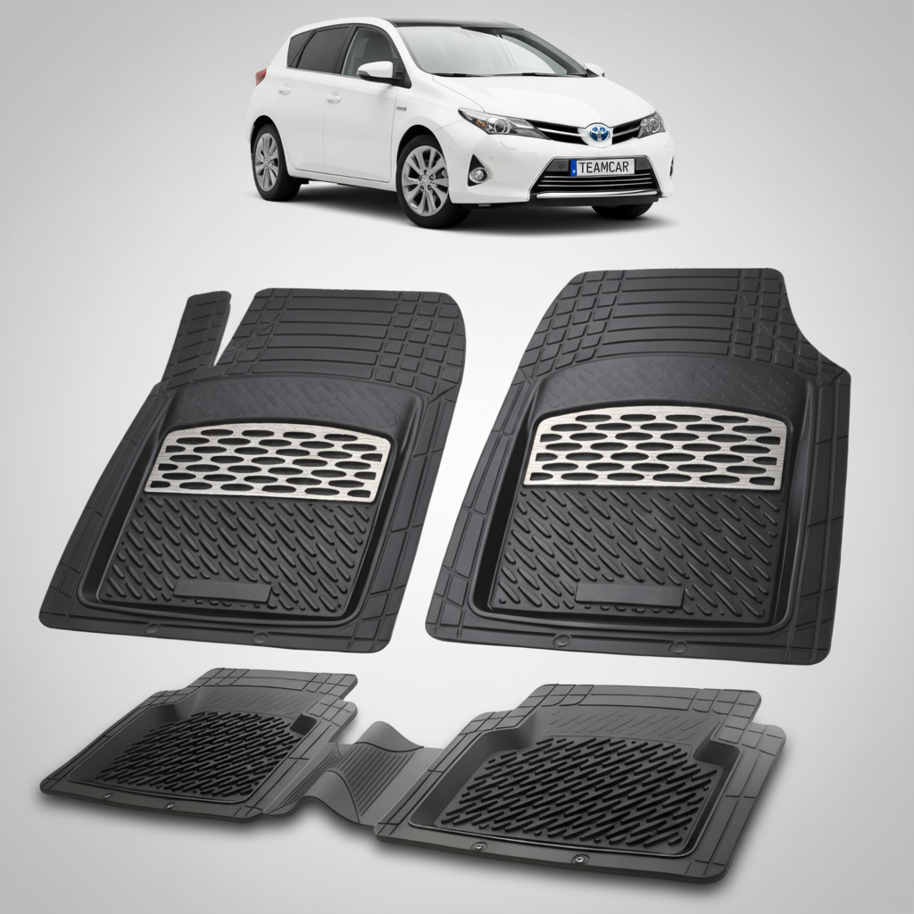 set de covorase din cauciuc negre cu accente gri cu o toyota auris e180 hatchback alba in fundal