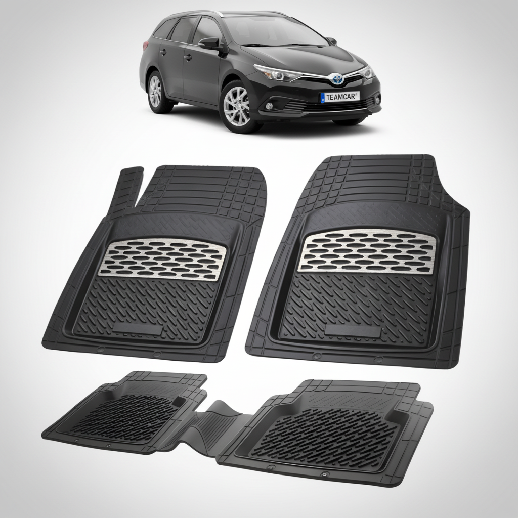 set de covorase din cauciuc negre cu accente gri cu o toyota auris touring sports e180 neagra in fundal