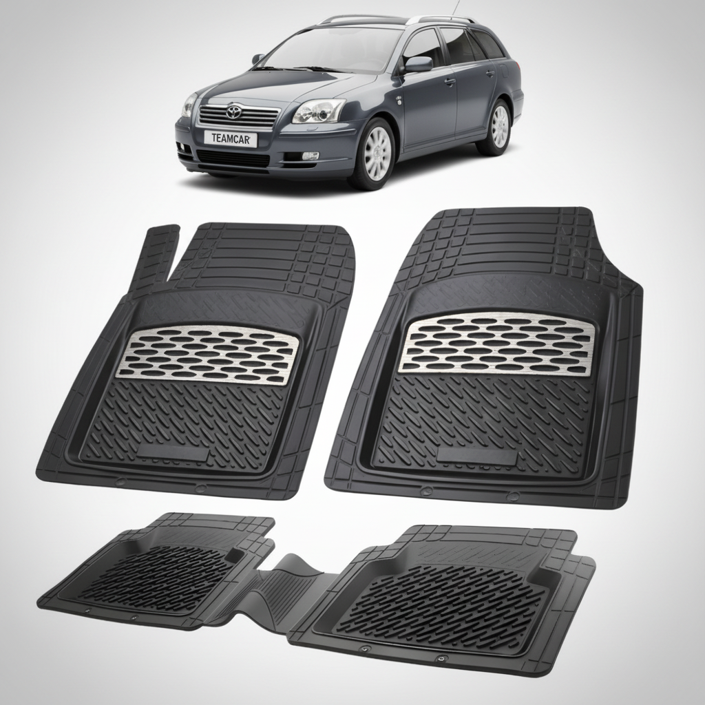 set de covorase din cauciuc negre cu accente gri cu o toyota avensis t25 estate gri inchis  in fundal