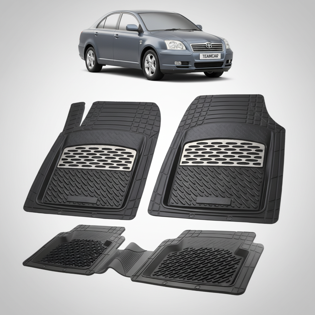 set de covorase din cauciuc negre cu accente gri cu o toyota avensis t25 liftback gri in fundal