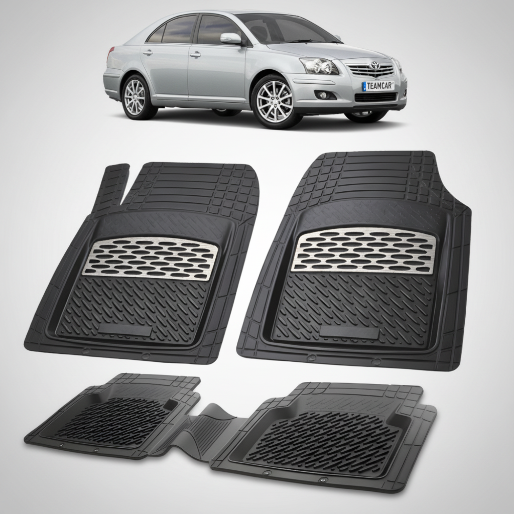 set de covorase din cauciuc negre cu accente gri cu o toyota avensis t25 liftback gri in fundal