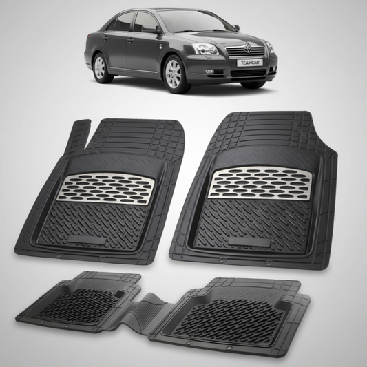 set de covorase din cauciuc negre cu accente gri cu o toyota avensis sedan t25 neagra in fundal