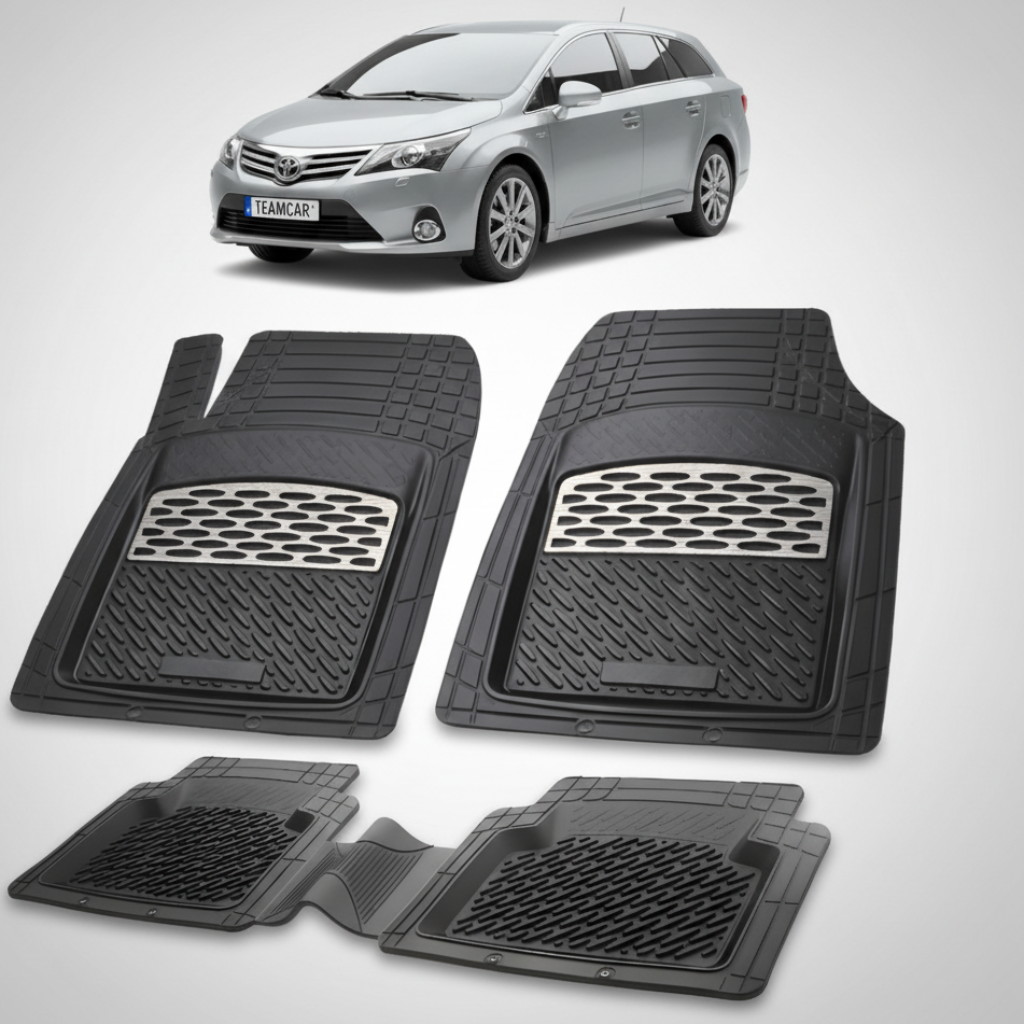 set de covorase din cauciuc negre cu accente gri cu o toyota avensis t27 estate argintie in fundal