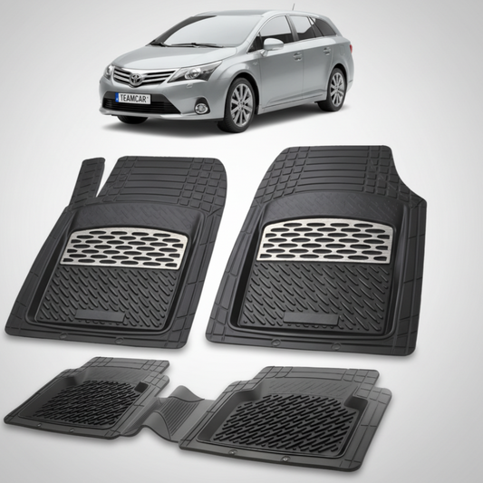 set de covorase din cauciuc negre cu accente gri cu o toyota avensis t27 estate argintie in fundal