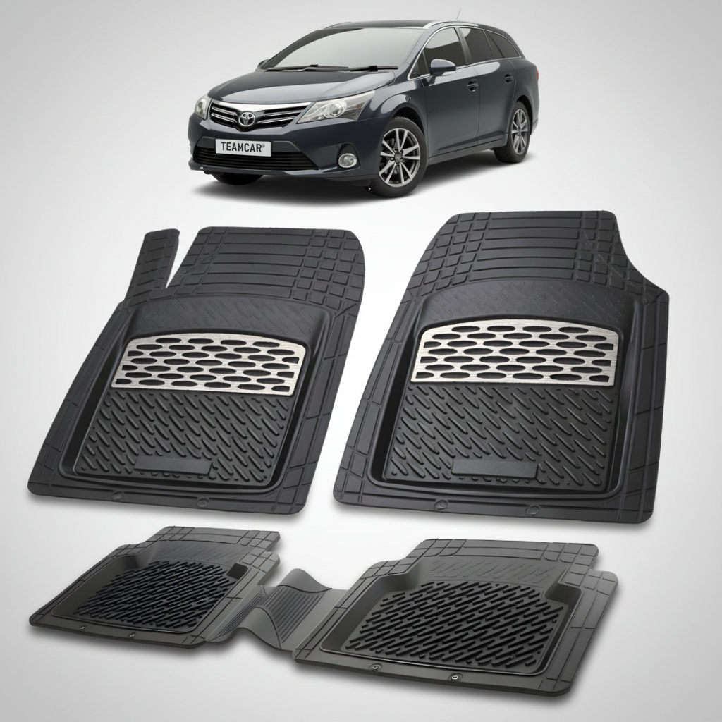 set de covorase din cauciuc negre cu accente gri cu o toyota avensis t27 estate neagra in fundal
