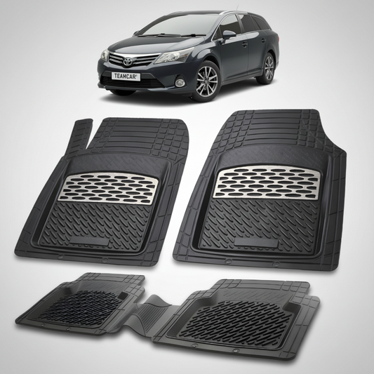 set de covorase din cauciuc negre cu accente gri cu o toyota avensis t27 estate neagra in fundal
