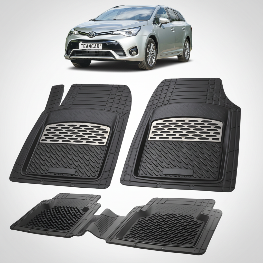 set de covorase din cauciuc negre cu accente gri cu o toyota avensis t27 estate argintie in fundal