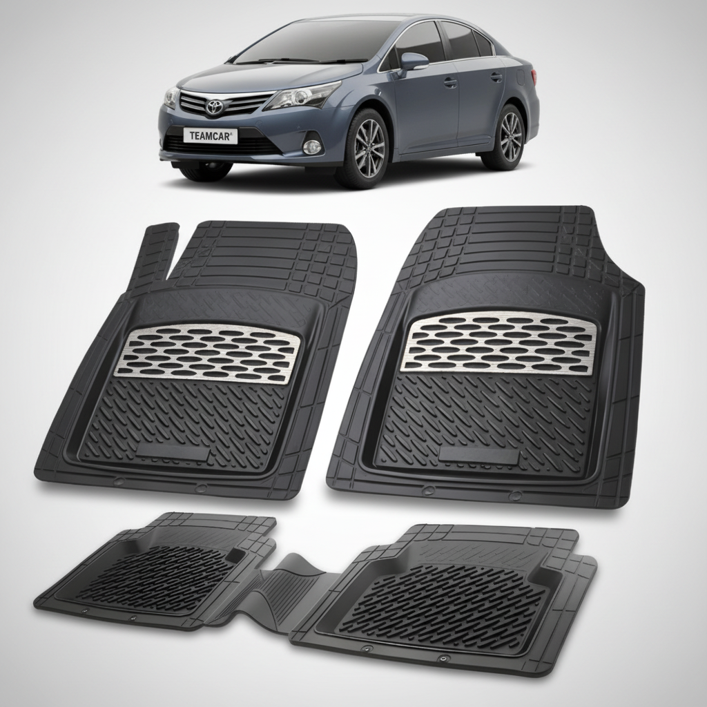 set de covorase din cauciuc negre cu accente gri cu o toyota avensis t27 sedan gri inchis in fundal