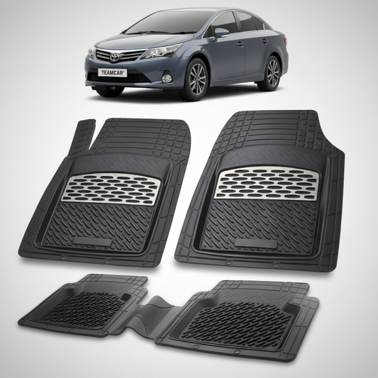 set de covorase din cauciuc negre cu accente gri cu o toyota avensis t27 sedan gri inchis in fundal