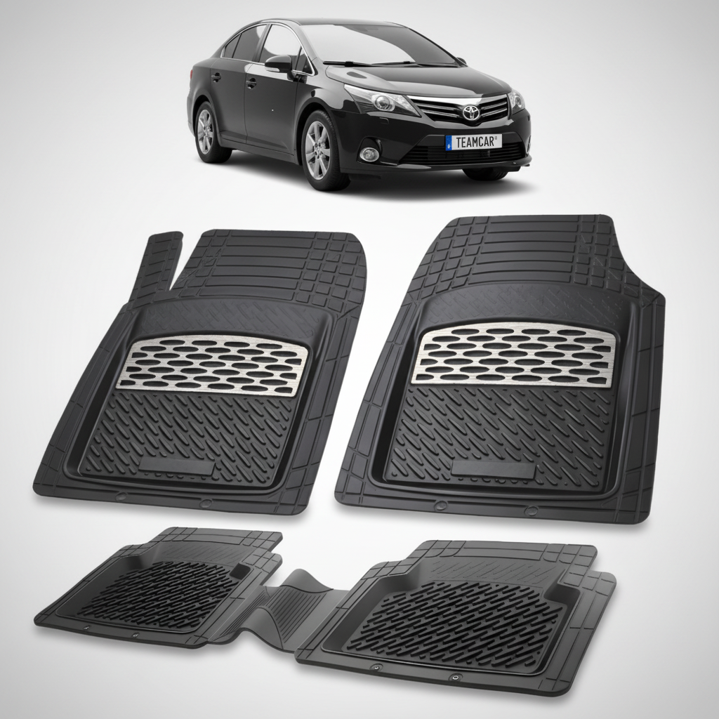 set de covorase din cauciuc negre cu accente gri cu o toyota avensis t27 sedan neagra in fundal