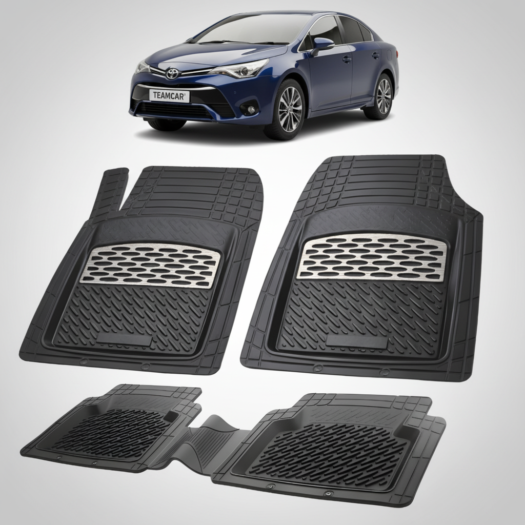 set de covorase din cauciuc negre cu accente gri cu o toyota avensis t27 sedan albastra in fundal