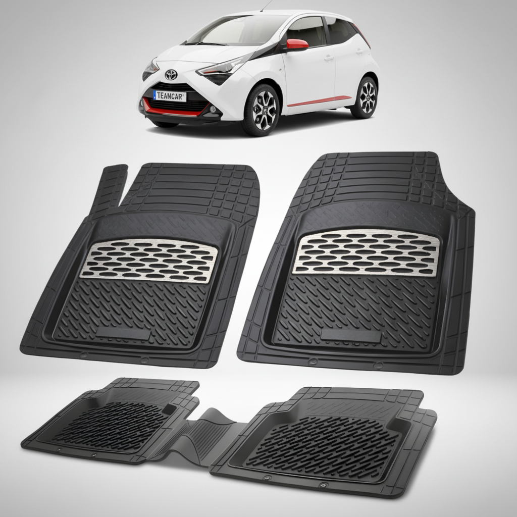 set de covorase din cauciuc negre cu accente gri cu o toyota aygo ab40 hatchback alba in fundal