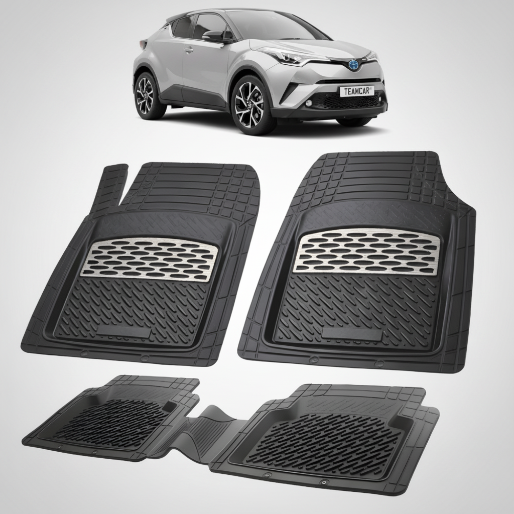 set de covorase din cauciuc negre cu accente gri cu o toyota c-hr ax10suv compact gri in fundal
