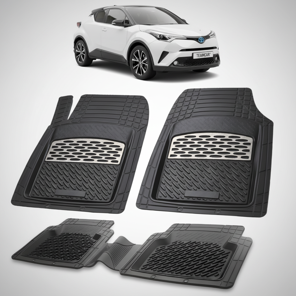 set de covorase din cauciuc negre cu accente gri cu o toyota c-hr ax10suv compact alba in fundal