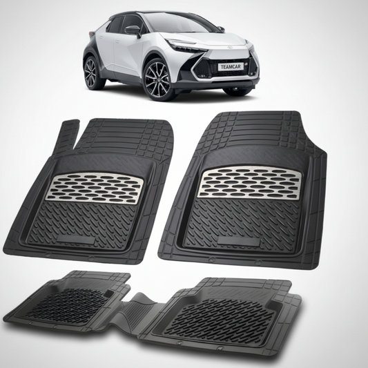 set de covorase din cauciuc negre cu accente gri cu o toyota c-hr ax20suv compact alba in fundal