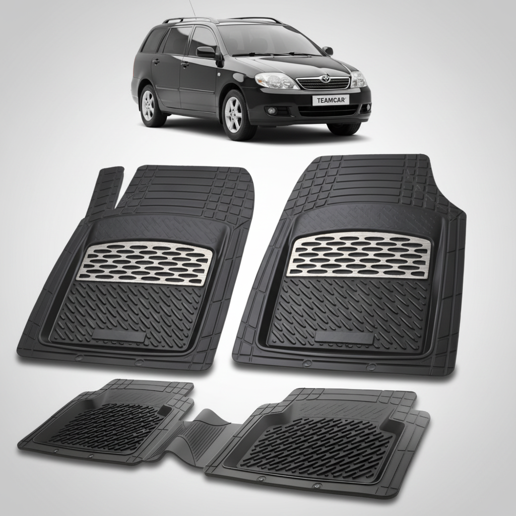 set de covorase din cauciuc negre cu accente gri cu o toyota corolla e120 estate neagra in fundal
