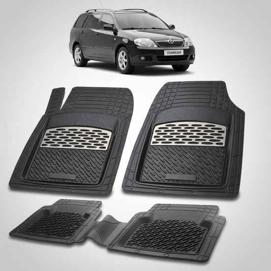 set de covorase din cauciuc negre cu accente gri cu o toyota corolla e120 estate neagra in fundal