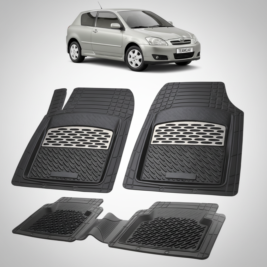 set de covorase din cauciuc negre cu accente gri cu o toyota corolla e120 hatchback gri in fundal