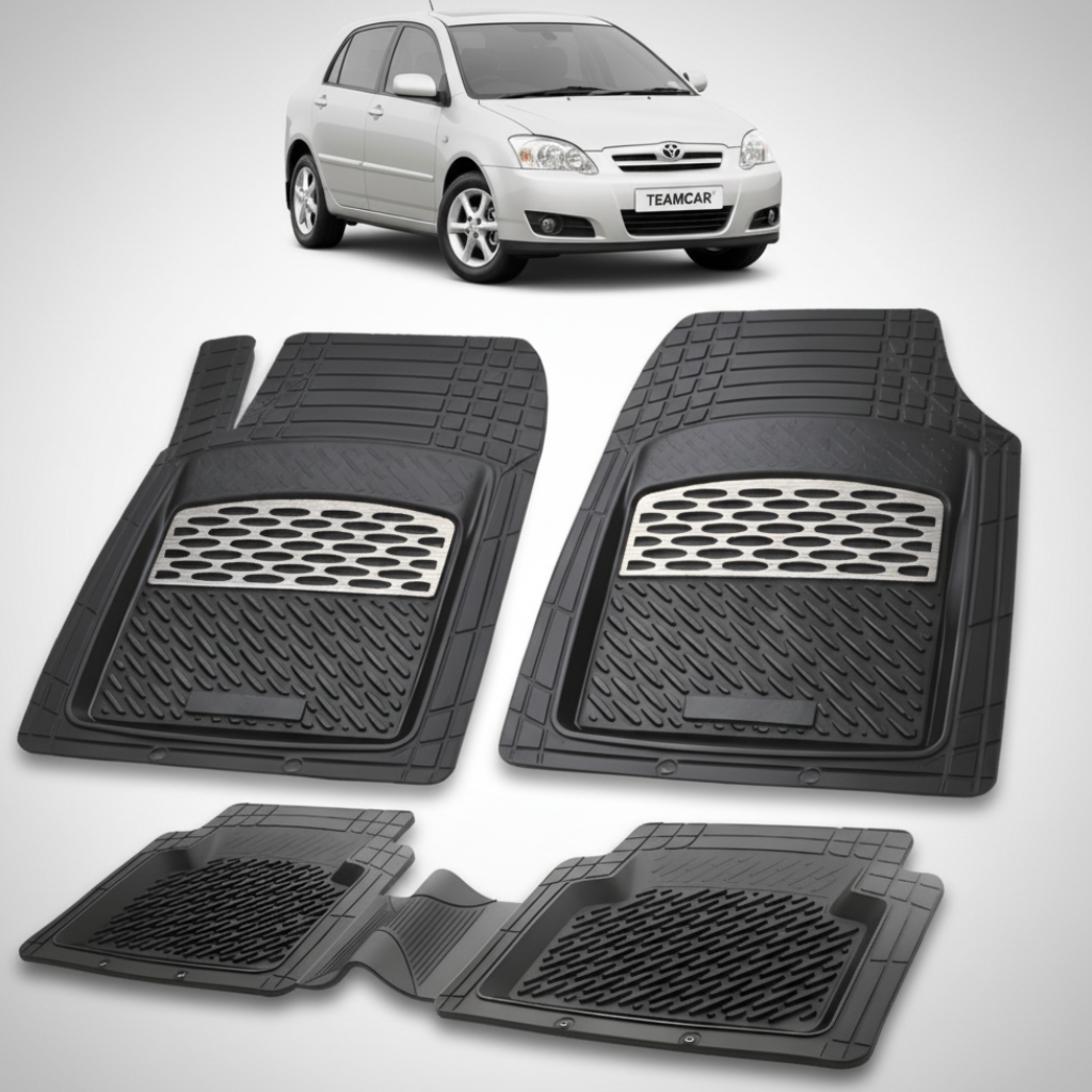 set de covorase din cauciuc negre cu accente gri cu o toyota corolla e120 hatchback gri in fundal